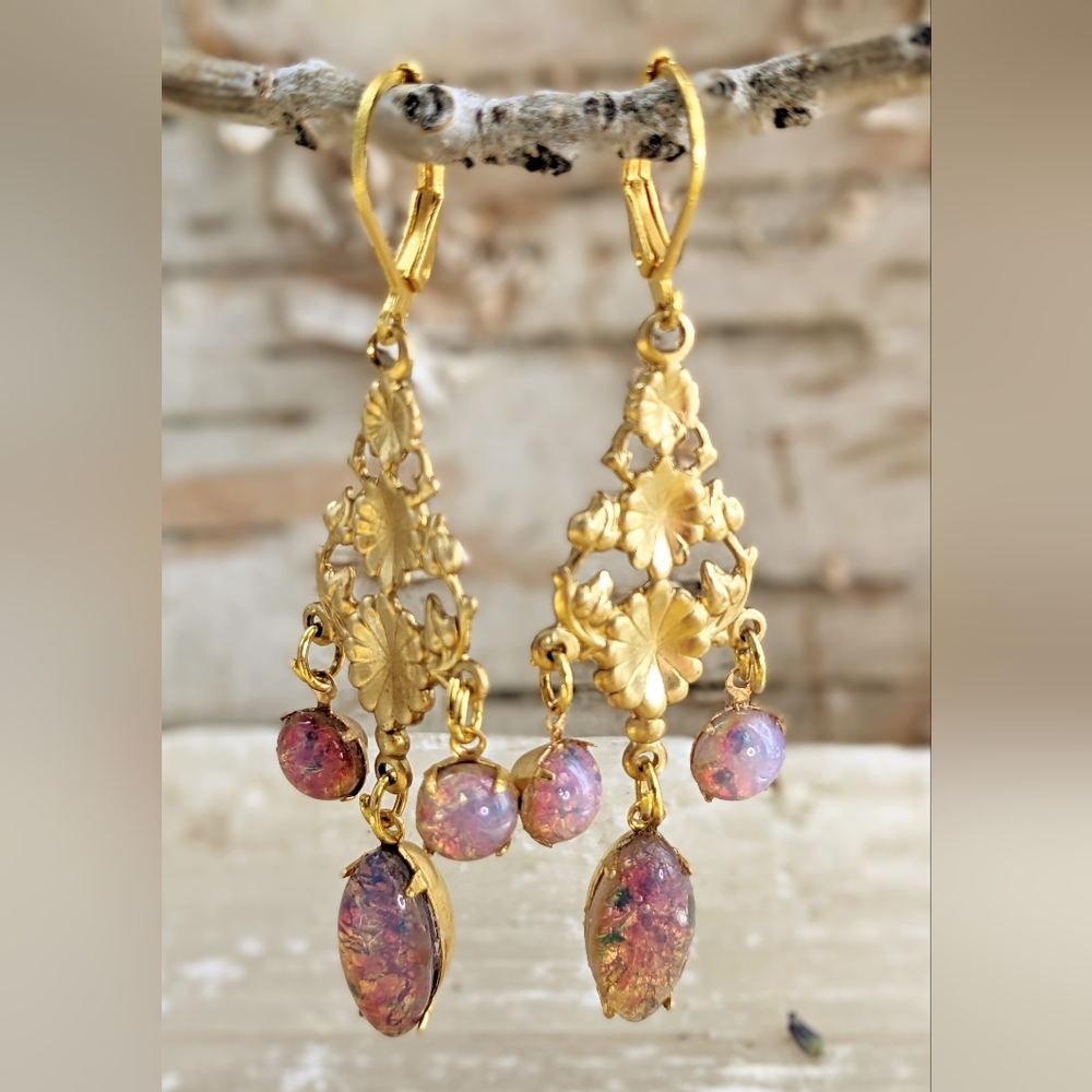 Victorian Pink Fire Opal Chandelier Gold 18K Drop Earrings